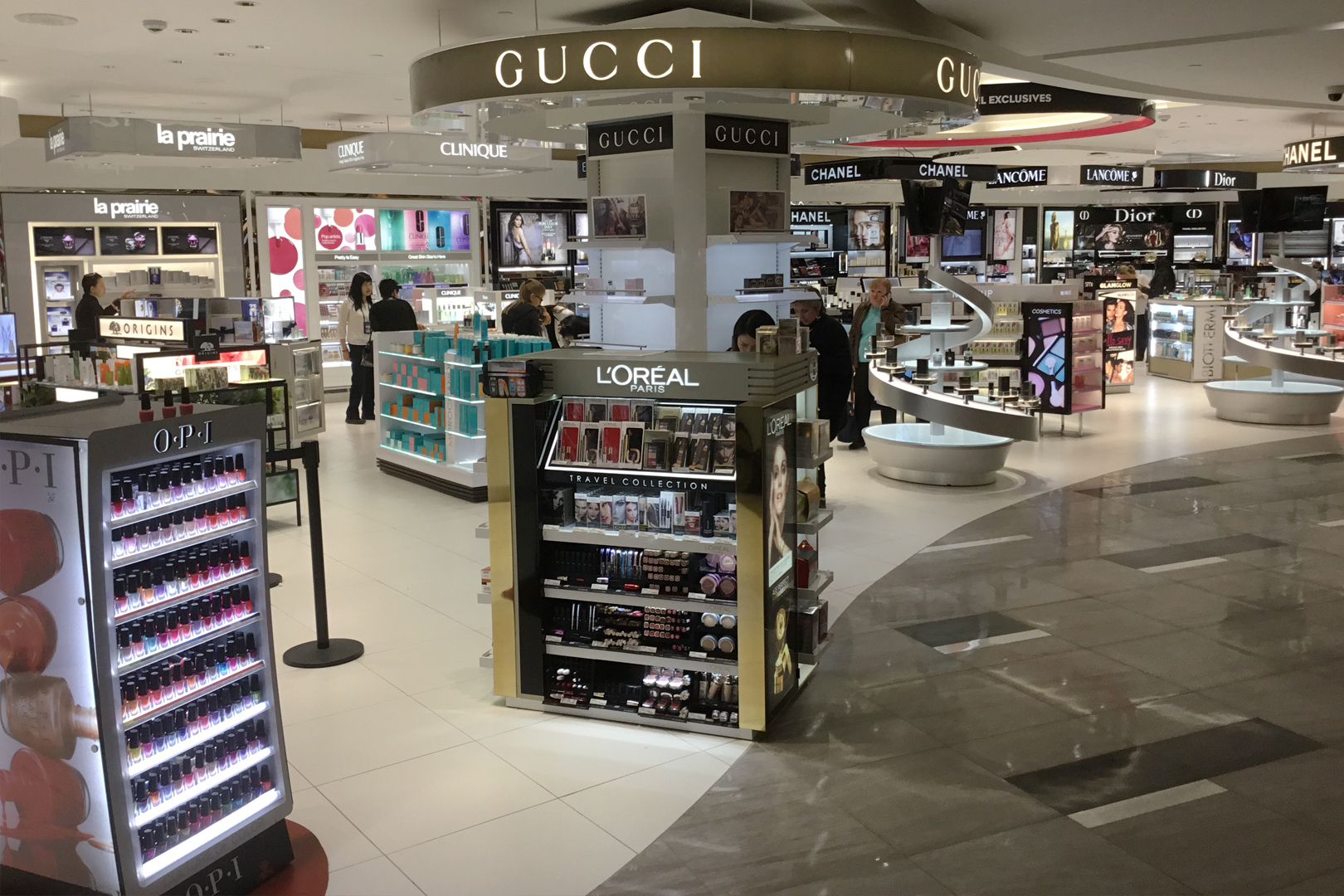 Wide view of high end retail fixtures, cosmetics