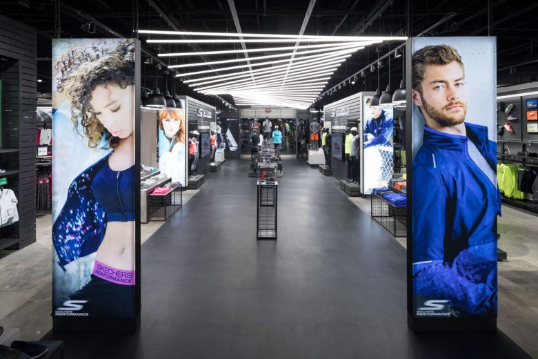 Skechers athletic apparel displays down the aisle